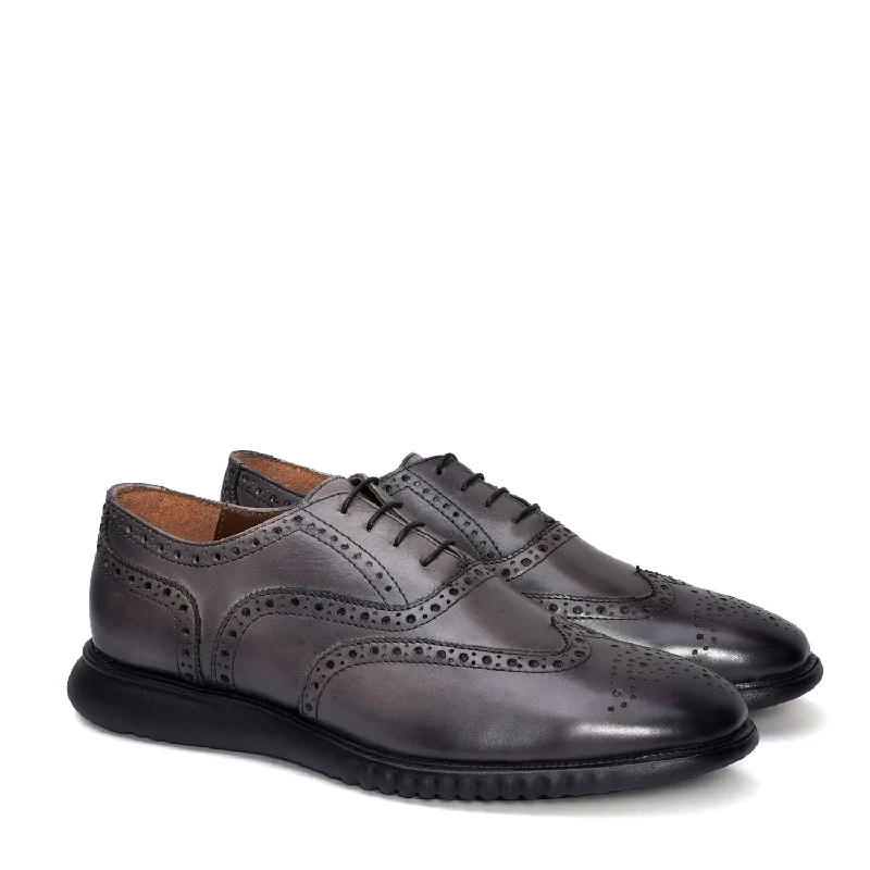 Fashion Focused Light Weight Collection Grey Leather Brogue Shoe with Flat Cushioned Sole