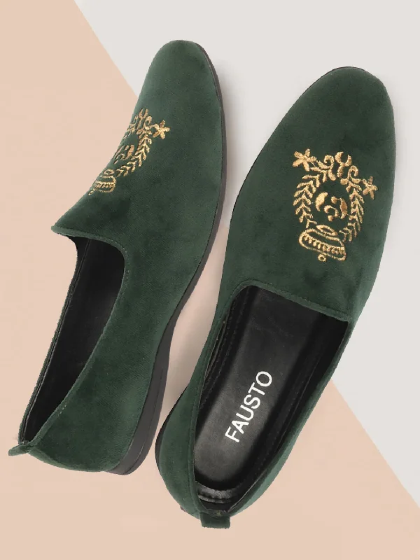 Elegant Statement Men Olive Velvet Embroidery Design Party Casual Loafer Shoes
