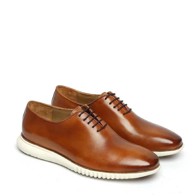 Luxury Statement Tan Leather Lace-Up Sneakers With White Sole