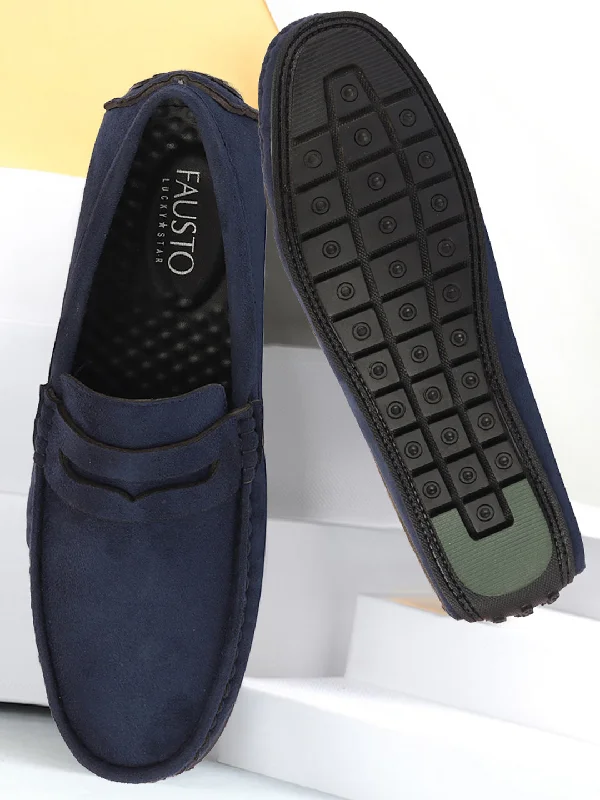 Elegant Accents Men Navy Blue Suede Leather Side Stitched Driving Loafer and Moccasin