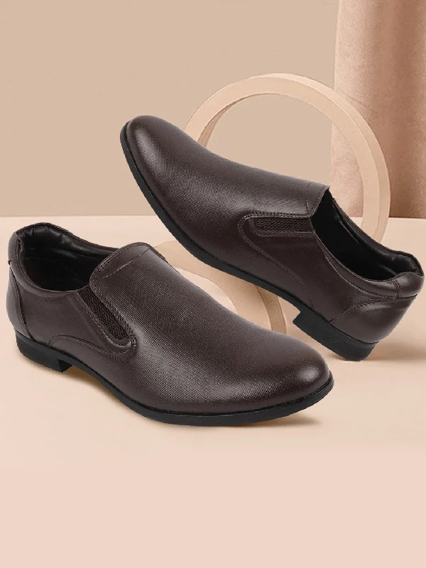 High Impact Men Brown Formal Office Textured Design Side Stitched Genuine Leather Slip On Shoes