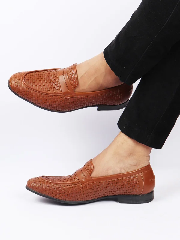 Bold Detailing Men Tan Hand Knitted Design Penny Loafer Slip On Shoes