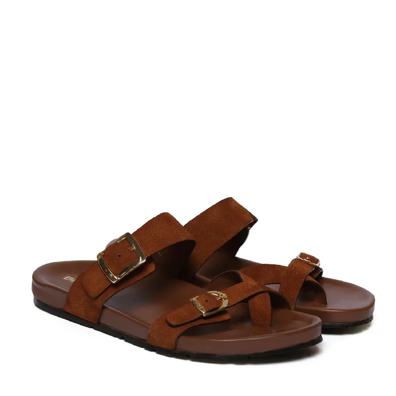 Luxe Elements Tan Suede Leather Slipper With Double Golden Buckle