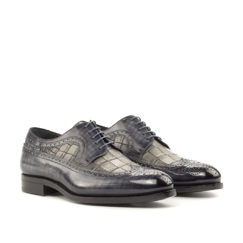 Luxe Feel Ambrogio Bespoke Men's Shoes Gray Crocodile Print / Patina Leather Longwing Blucher Oxfords (AMB2244)