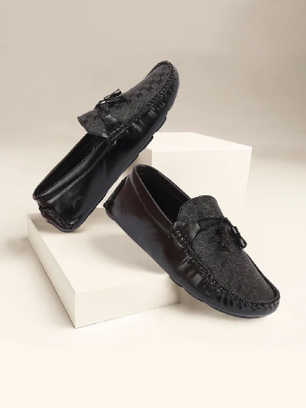 Dynamic Patterns Men Black Textured Design Casual Tassel Slip On Driving Loafer and Moccasins