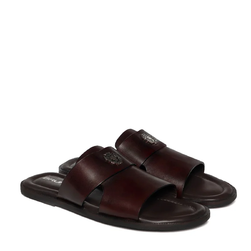 Luxury Aesthetic Dark Brown Welt Slippers with Broad Strapped Cut Out Detail