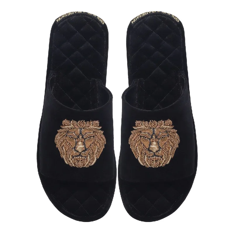 Glamorous Details Black Quilted Base Velvet Slide In Slippers with Lion Zardosi