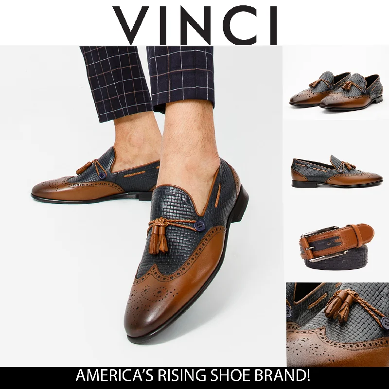 Unique Patterns The Istanbul Tan & Navy Blue Leather Tassel Loafer Men Shoe