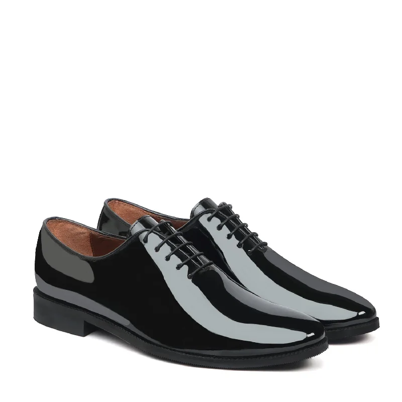Chic Minimalism Black Patent Whole Cut/One-Piece Oxford Leather Lace-Up Shoes For Men By Brune & Bareskin