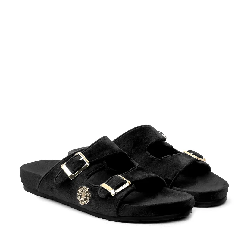 Couture Inspired Adjustable Buckle Black Velvet Slippers