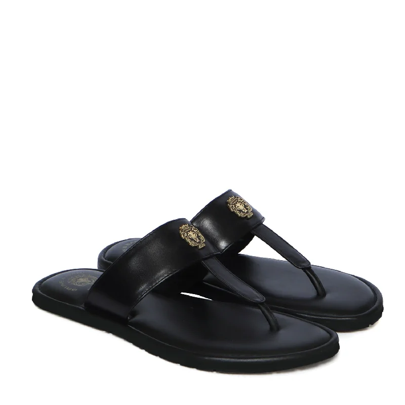 Statement Piece Black Leather T-Strap Slide-in Slippers with Golden Metal Lion