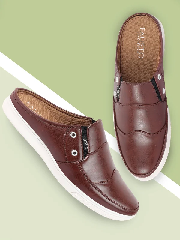 Subdued Elegance Men Brown Casual Back Open Classic Slip On Shoes