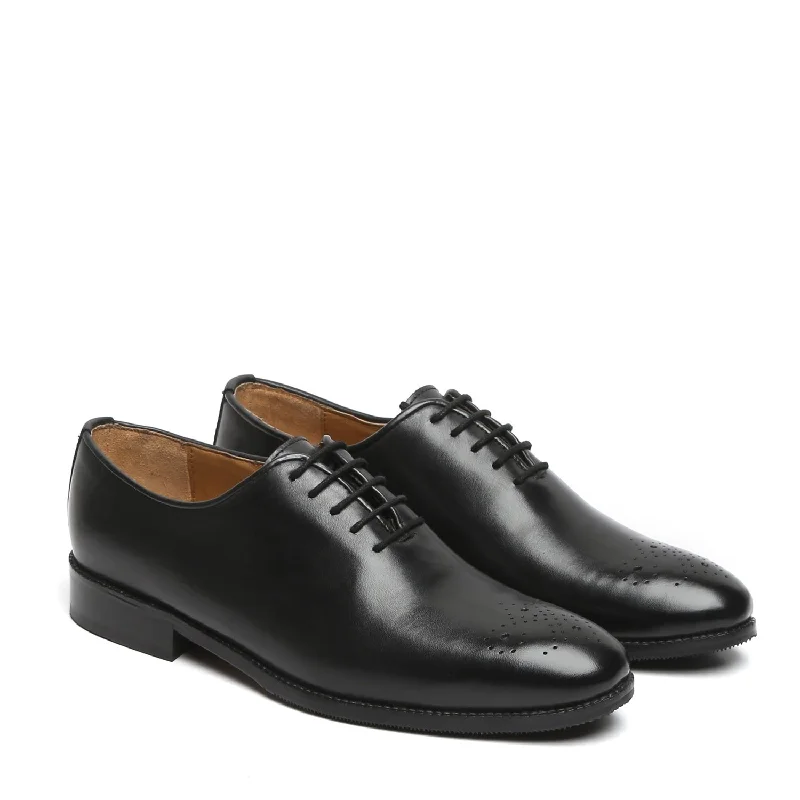 Bold Detailing Black Leather Oxford Lace-Up Shoe Whole Cut/One Piece Medallion Toe By Brune & Bareskin