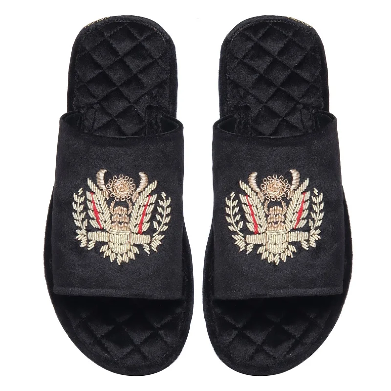 Sleek Sophistication Quilted Base Slide-in Slippers with Crown Eagle Zardosi on Black Velvet