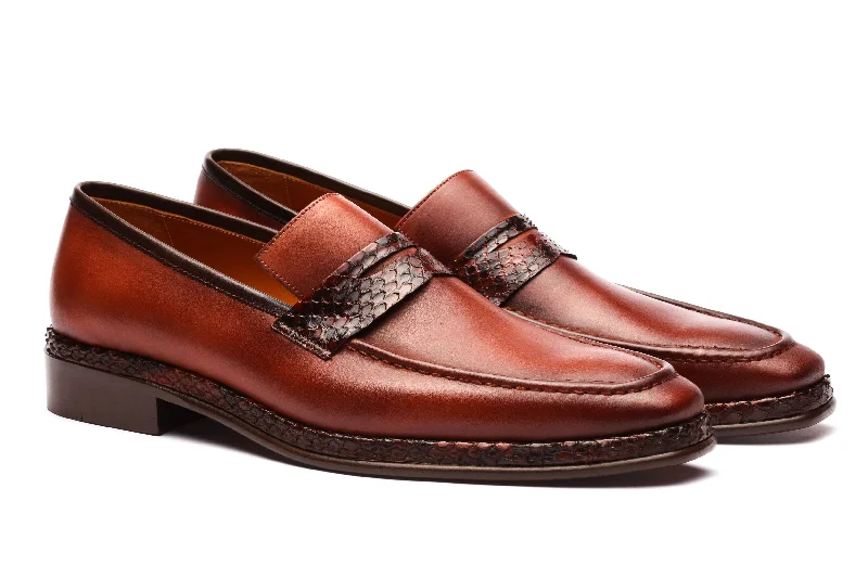 Refined Details Penny Loafers Python Skin - Cognac