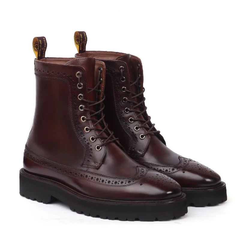 Luxury Statement Light Weight Lug Sole Lace-Ups Boot Dark Brown Wingtip Full Punching Brogue Design by Brune & Bareskin