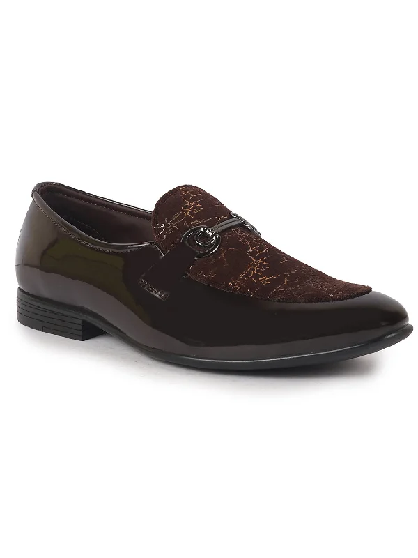 Artistic Flair Men Brown Velvet Patent Leather Horsebit Buckle Ethnic Slip On Shoes|Party Shoe|Office Shoe|Anti Skid Sole
