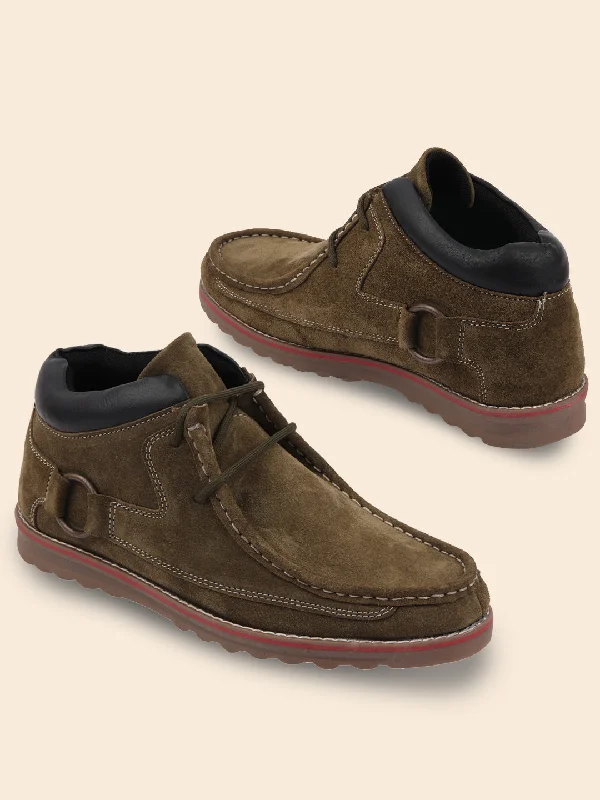 Glamorous Details Men Olive Suede Leather Mid Ankle Lace Up Casual Shoes