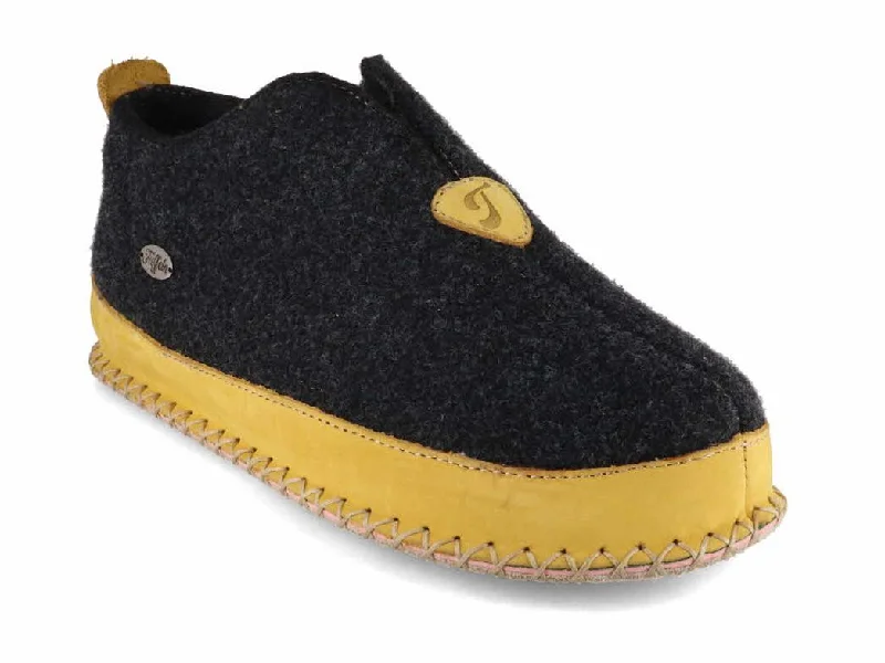 Artisanal Quality Tuffeln® retro Wool Slippers with a Cork Footbed «Urig», grey yellow