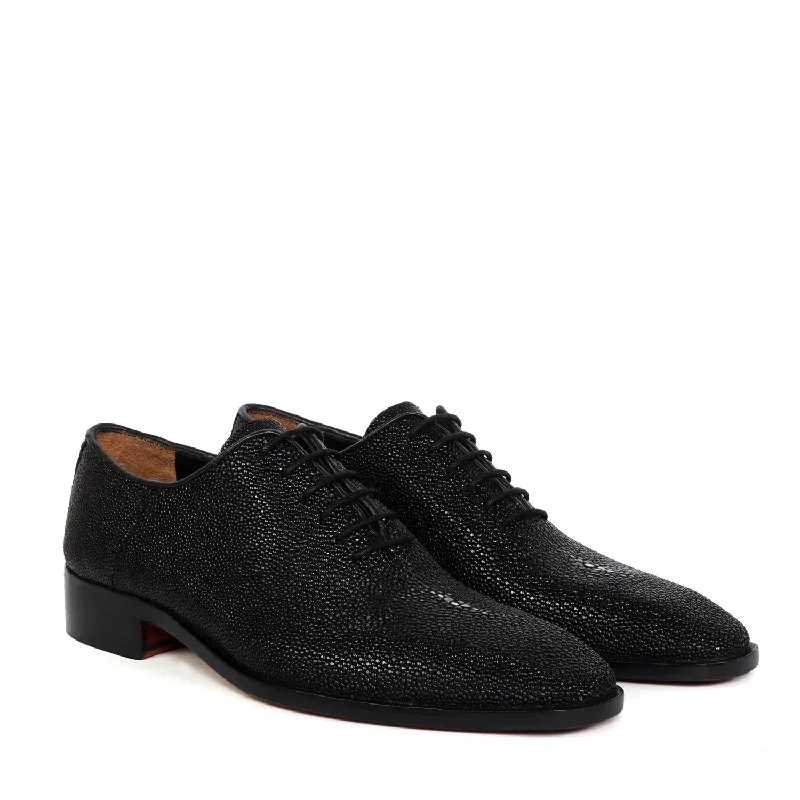 Refined Details Black Oxfords Lace-Up Formal Shoes in Exotic Black Stingray Fish Leather