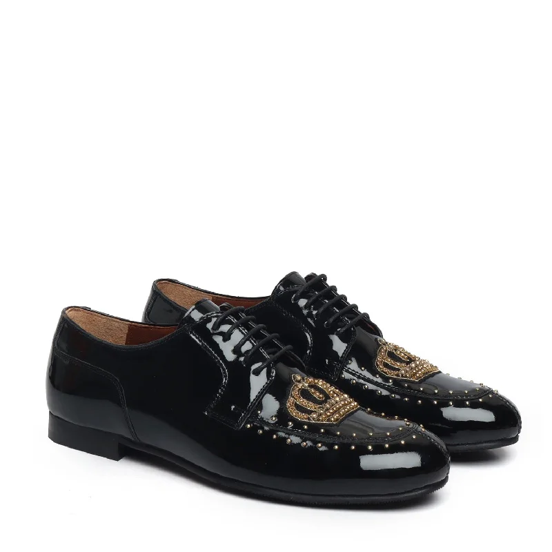 Artful Design Black Patent Leather Lace-Up Shoes with Ethnic Studded Crown Zardosi by Brune & Bareskin