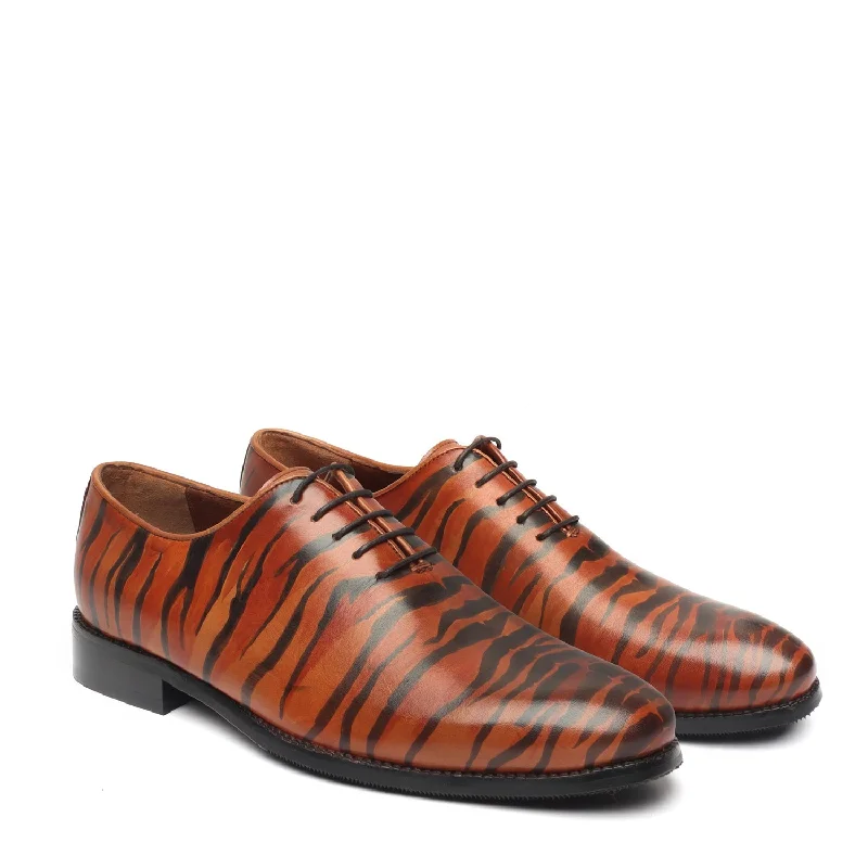 Romantic Detailing Hand Painted Tribal Tiger Styled Single Piece Tan Leather Oxfords Shoes by Brune & Bareskin
