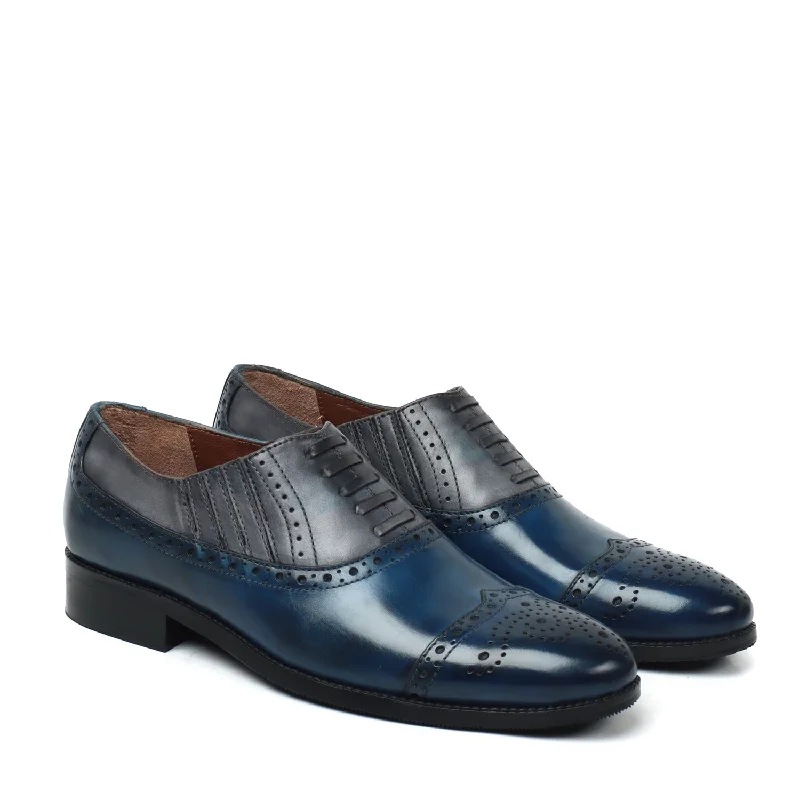 Aesthetic Appeal Dual Tone Grey Blue Lazy Man Stylish Wingtip Punching Brogues with Fixed Lace Oxfords by Brune & Bareskin