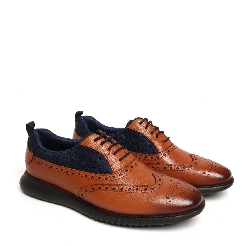 Regal Style Tan Leather Blue Mesh Light Weight Dress Sneakers by BRUNE & BARESKIN