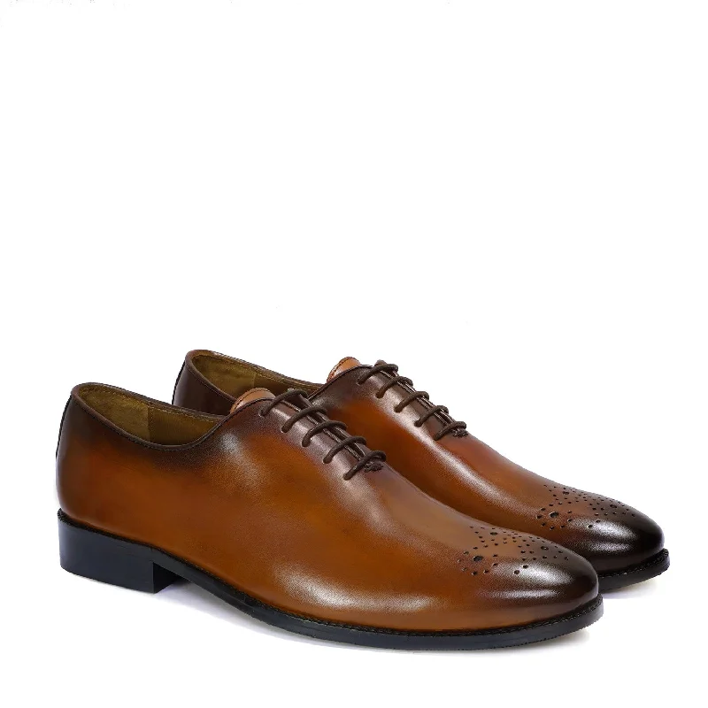 High-End Aesthetic Tan Leather Oxford Lace-Up Shoes Whole Cut/One Piece Medallion Toe