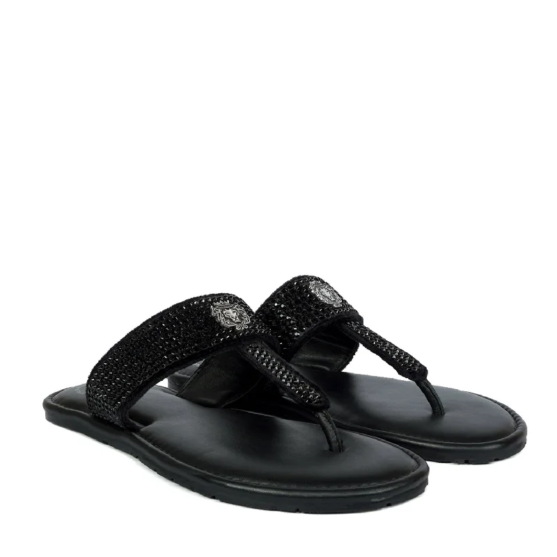 Fashion Excellence Black Leather Beads Work Slide-In Slippers For Men By Brune & Bareskin