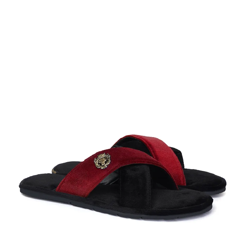 Elegant Design Cross Straps Velvet Slide-in Slippers in Black-Red Color