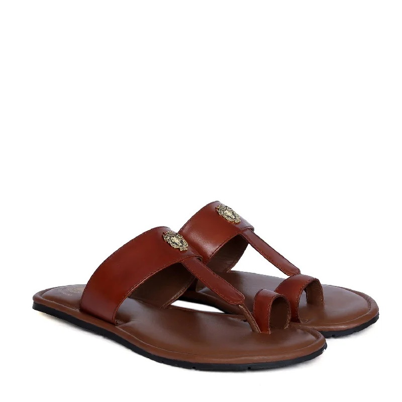 Urban Flair Tan T-Bar Slide-In-Slippers with Metal Lion Logo