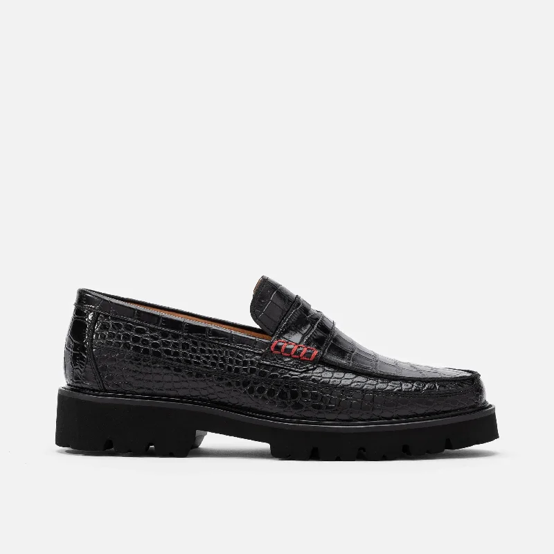 Graceful Charm Adler Black Croc Leather Lug Penny Loafers