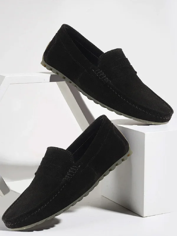 High Impact Men Black Suede Leather Side Stitched Slip On Driving Loafers and Mocassin