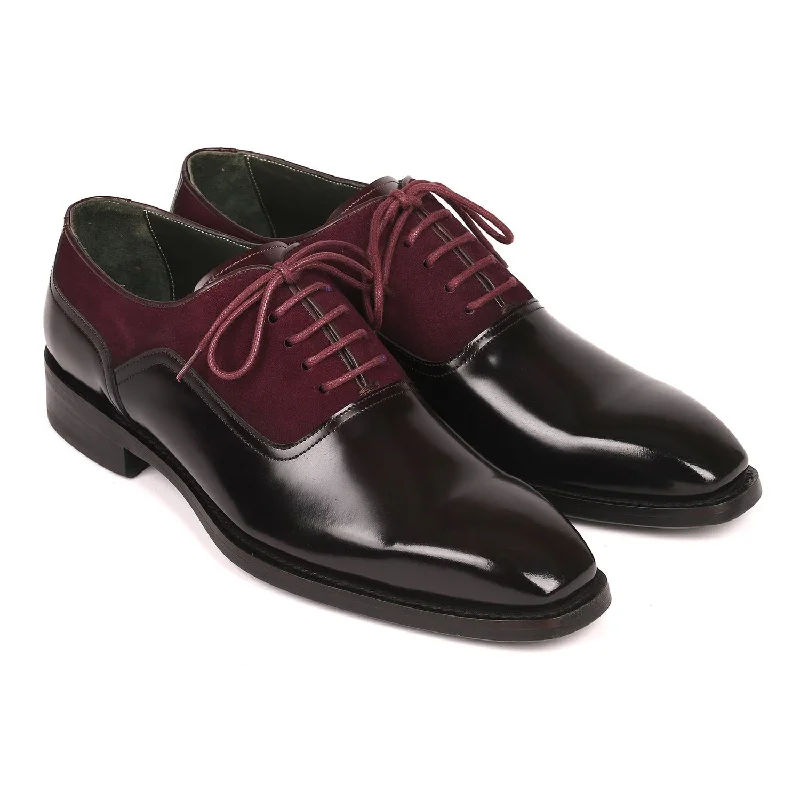 Trendy Look Paul Parkman 17BUR85 Men's Shoes Black & Burgundy Suede / Patent Leather Goodyear Welted Dress Oxfords (PM6324)