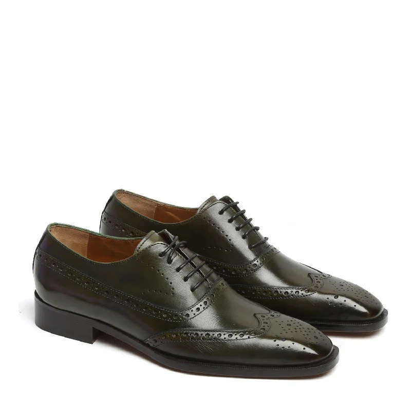 Bold Flair Olive Long Tail Brogue Leather Shoes By Brune & Bareskin