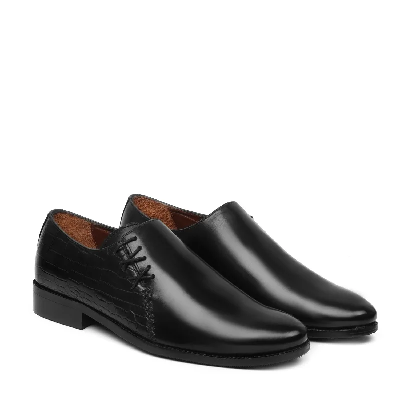 Seasonal Trend Black Cross Stitched Side Lacing with Quarter Deep Cut Croco Leather Formal Shoes by Brune & Bareskin