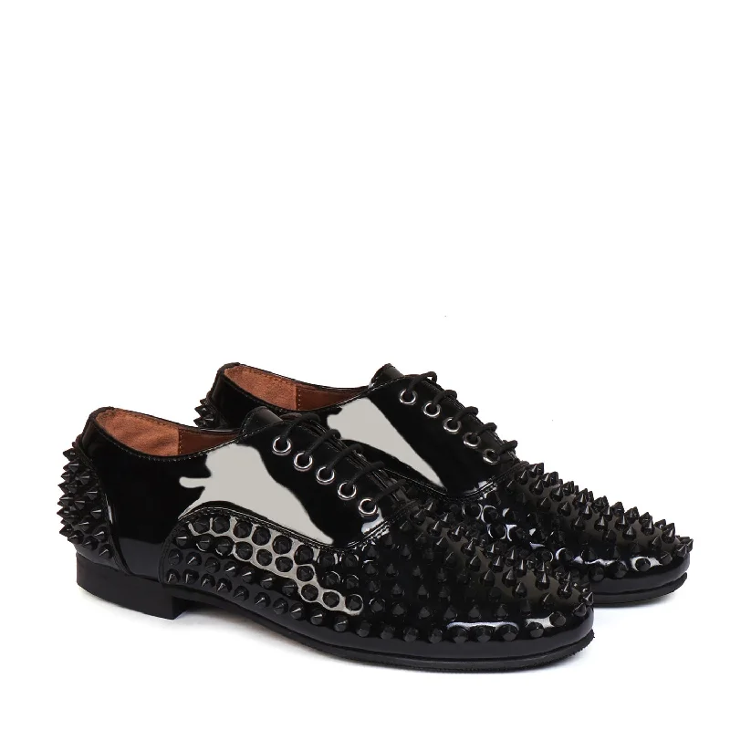 Modern Touch Toe And Counter Black Studded Patent Oxford Leather Lace-Up's Shoes For Men by Brune & Bareskin