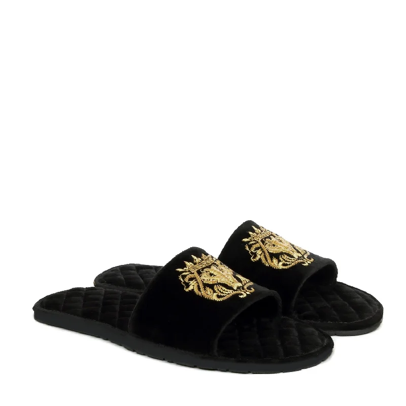 Chic Minimalism Italian Velvet Slide In Slippers With Quilted Stitched Zardosi Lion