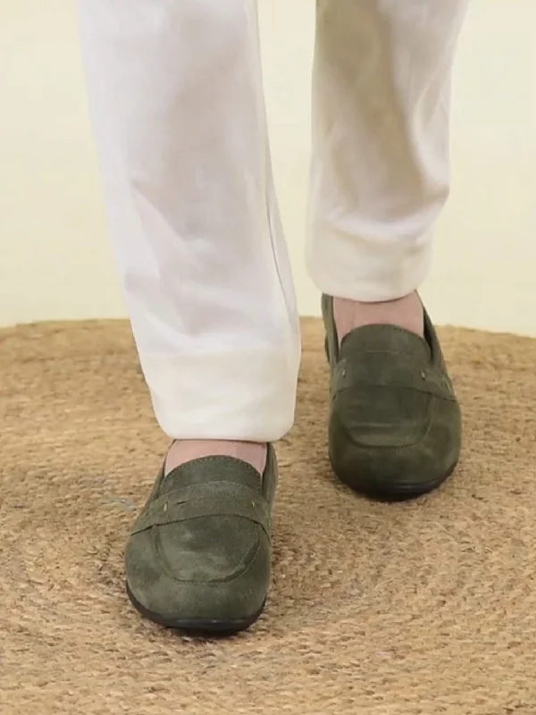 Urban Flair Men Olive Suede Leather Outdoor Penny Loafer Shoes