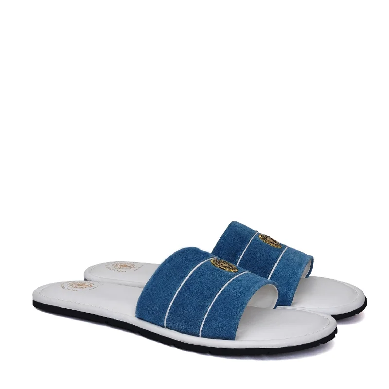 Premium Finish Blue Suede Strap White Leather Slide-in Slippers