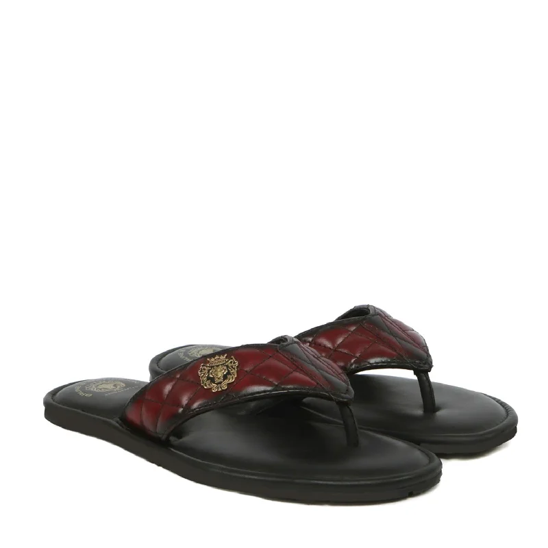 Luxury Touch Quilted V-Strap Slippers with Padded Base in Wine Leather
