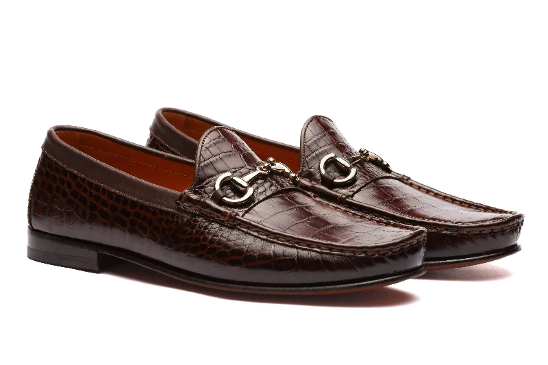 Luxury Statement Moccasins Horsebit Croc Embossed - Brown