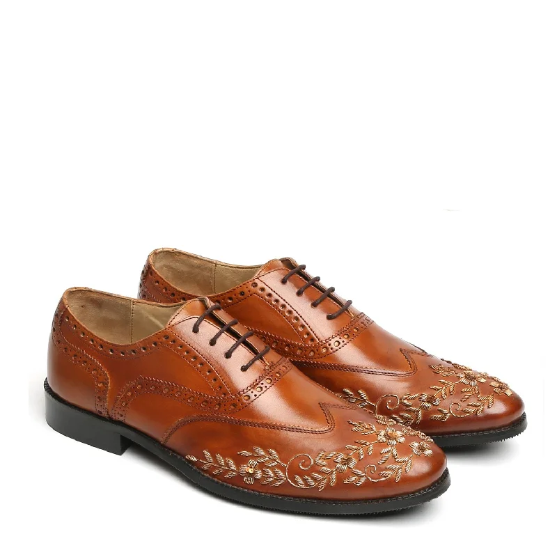 Sleek Finish Zardosi Wingtip Oxford Lace-Up Formal Shoes in Tan genuine Leather by Brune & Bareskin