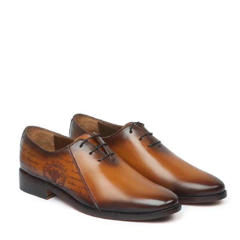 Unique Texture Men's Tan Oxford Lace-Up Closure contrasting laser Formal Leather Shoe By Brune & Bareskin