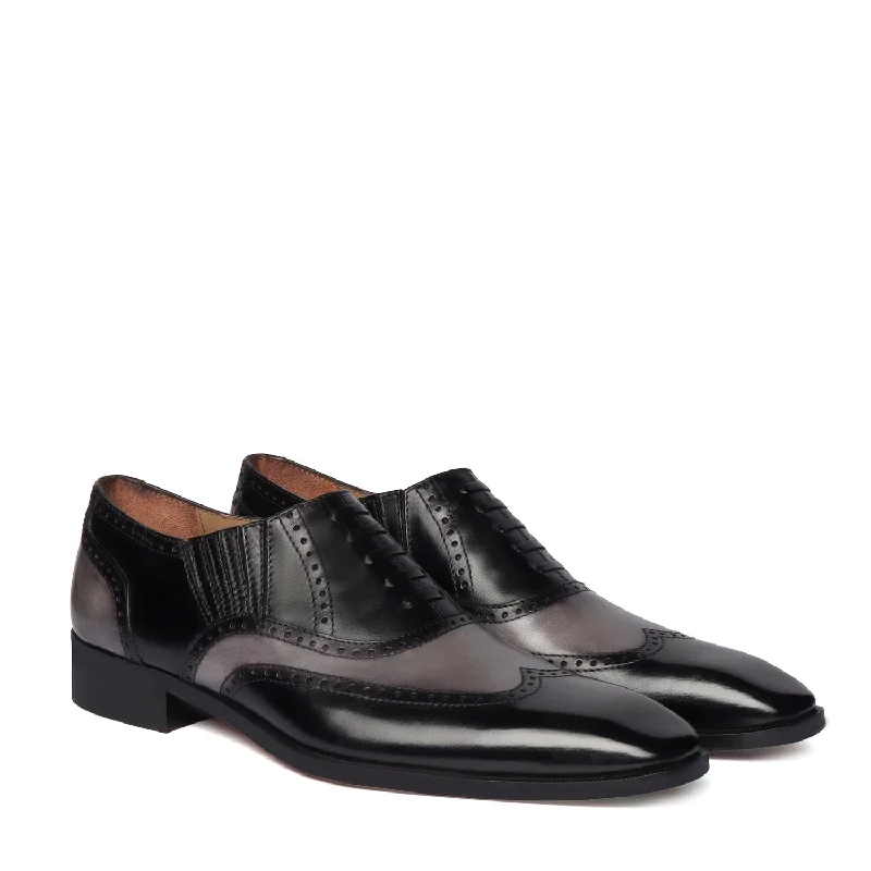 Rich Aesthetic Fixed Oxfords Laceup Dual Tone Black-Grey Lazy Man Stylish Wingtip Punching Brogue Shoes by Brune & Bareskin