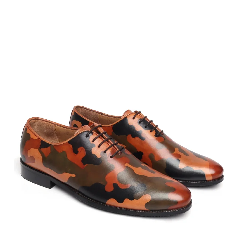 Classy Aesthetic Hand painted ARMY colors on leather one piece(whole cut) brogue shoe By Brune & Bareskin