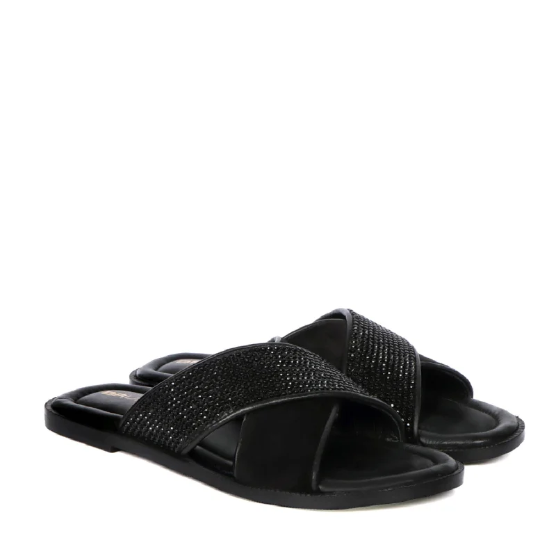 Fashion Excellence Slide in Slipper Wide Crossover Strapped Embellished Black Leather
