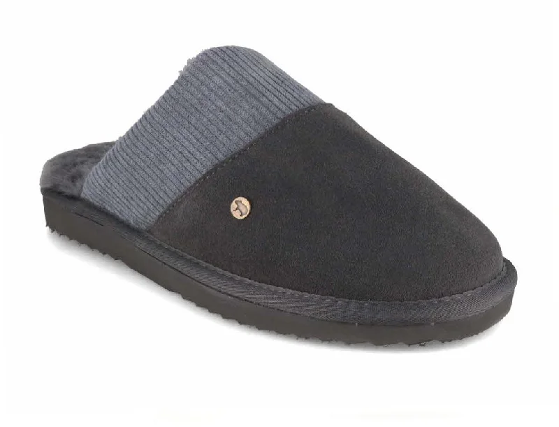 Unique Texture WARMBAT Men Sheepskin Slippers 'Perth', dk grey