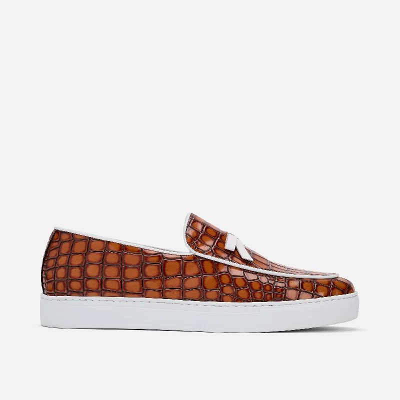 Everyday Chic Odell Brown Crocskin Leather Belgian Loafer Sneakers